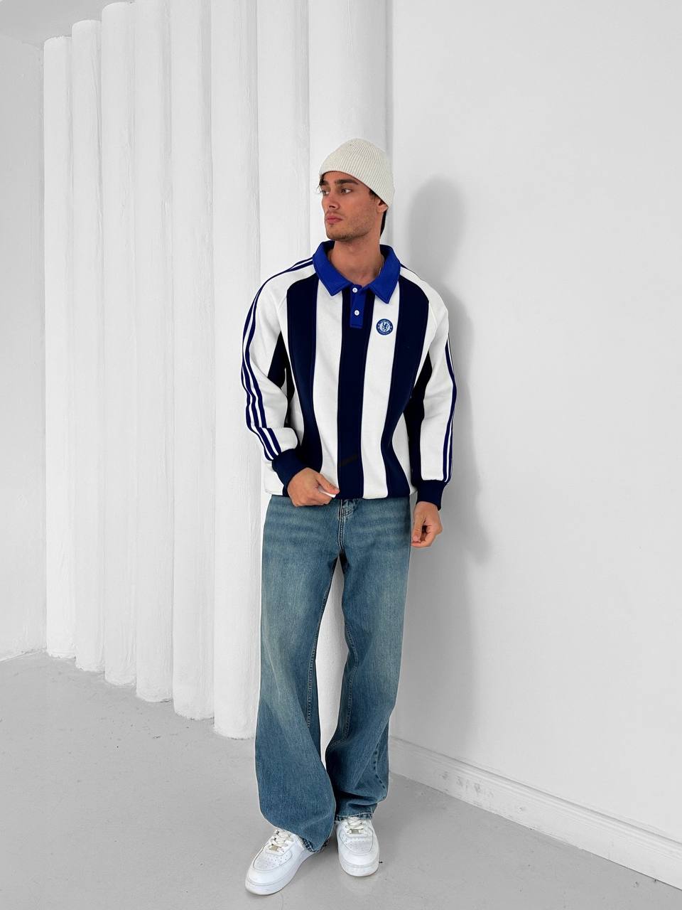 Navy and white padded stripe rugby polo sweatshirt with crest embroidery – Withinblack