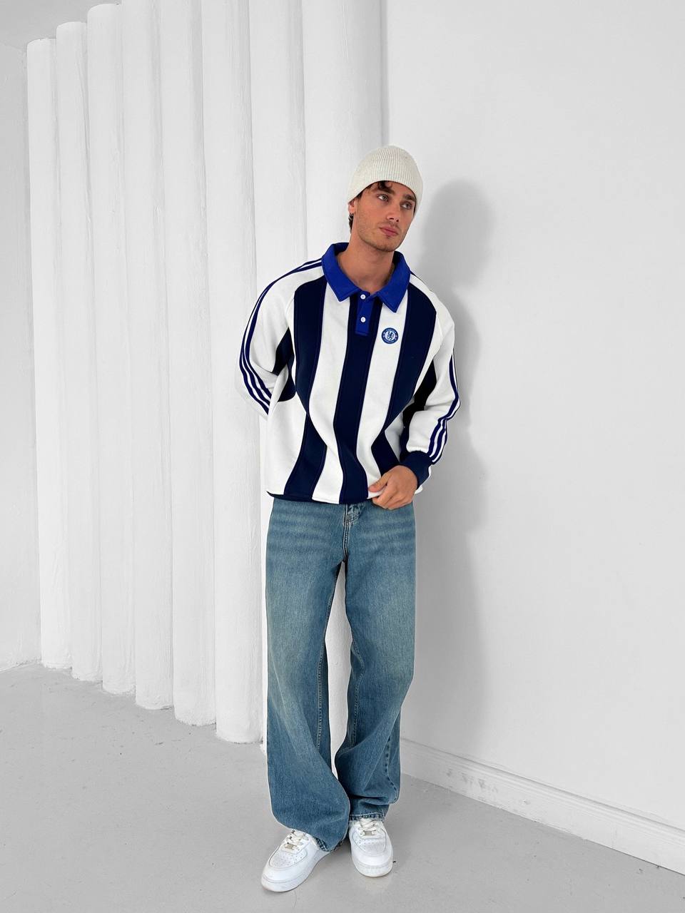 Navy and white padded stripe rugby polo sweatshirt with crest embroidery – Withinblack