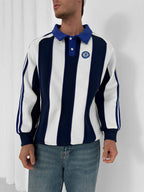 Navy and white padded stripe rugby polo sweatshirt with crest embroidery – Withinblack