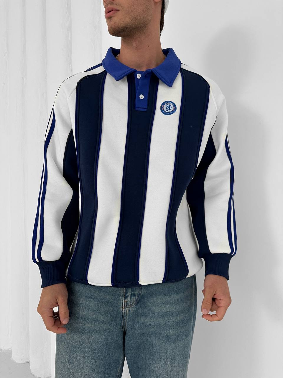 Navy and white padded stripe rugby polo sweatshirt with crest embroidery – Withinblack