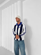 Navy and white padded stripe rugby polo sweatshirt with crest embroidery – Withinblack
