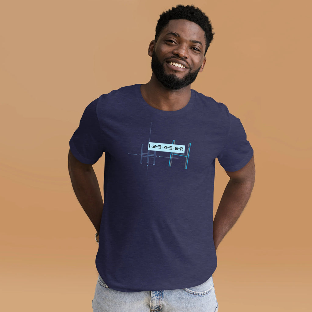 Navy blue 6-speed manual transmission blueprint stick shift car enthusiast graphic t-shirt worn by male model