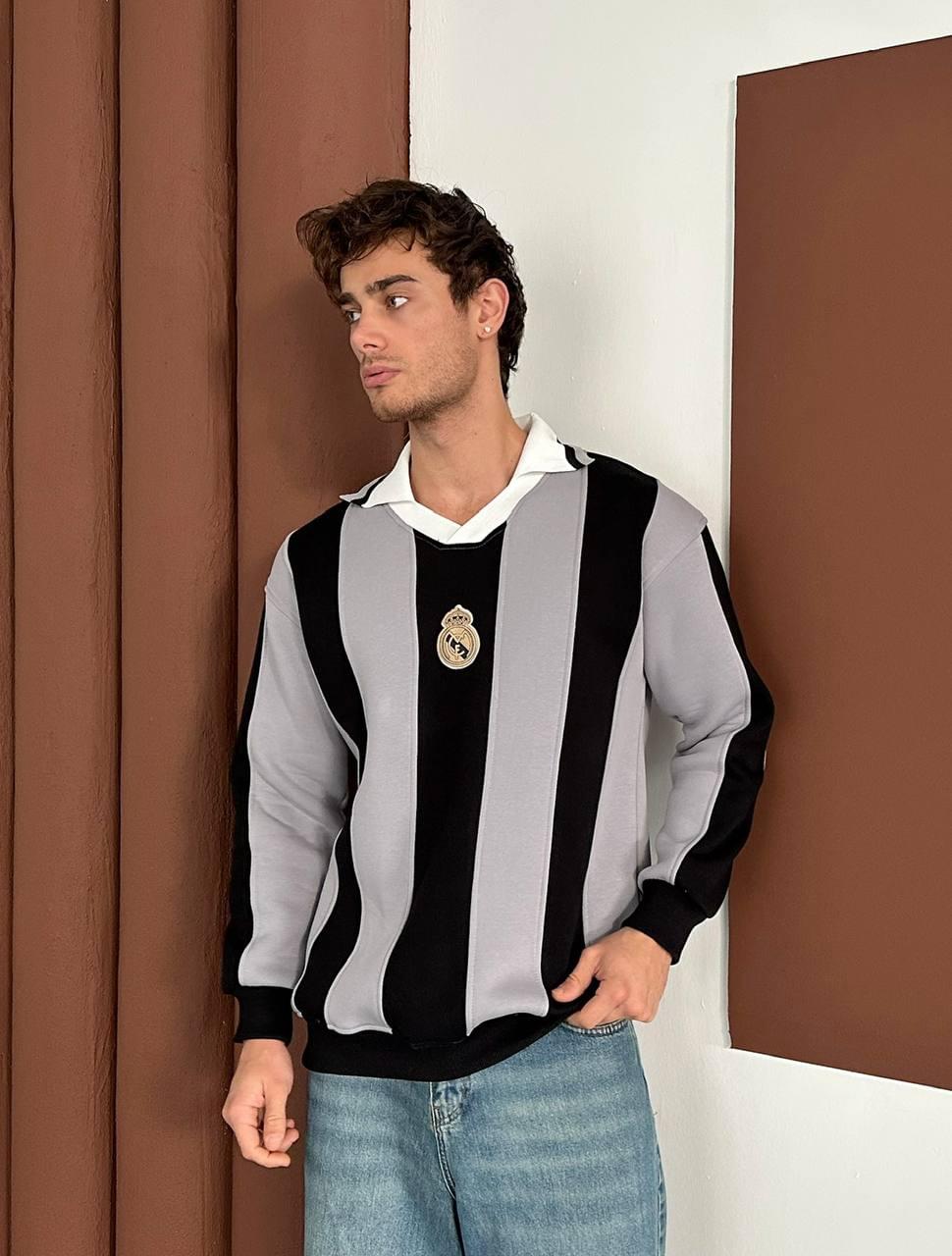 Vintage Real Madrid striped polo in black and grey with crest – Withinblack streetwear