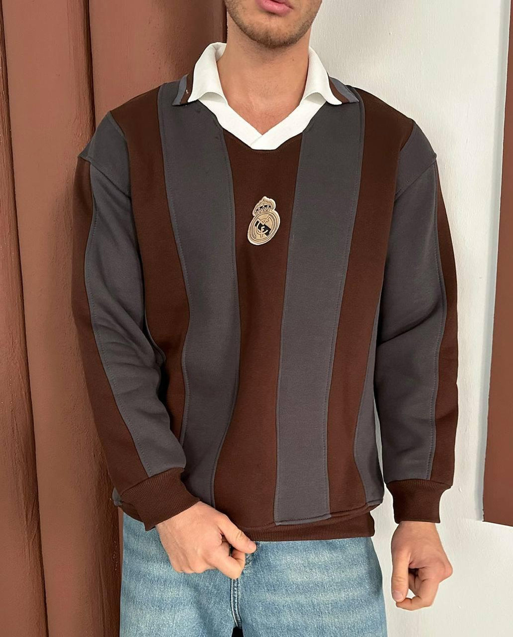 Retro Real Madrid collared jersey in brown and grey blokecore style – Withinblack polo