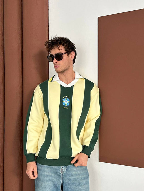 90s Brazil Retro Jersey, Blokecore Striped Soccer Sweatshirt