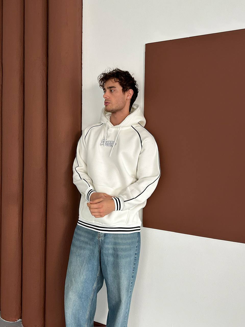 90s Retro Streetwear Hoodie with Piping, Embroidered SWD Logo