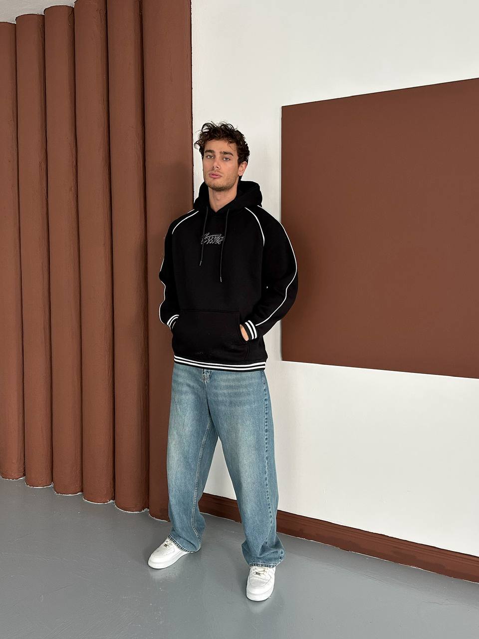 90s Retro Streetwear Hoodie with Piping, Embroidered SWD Logo