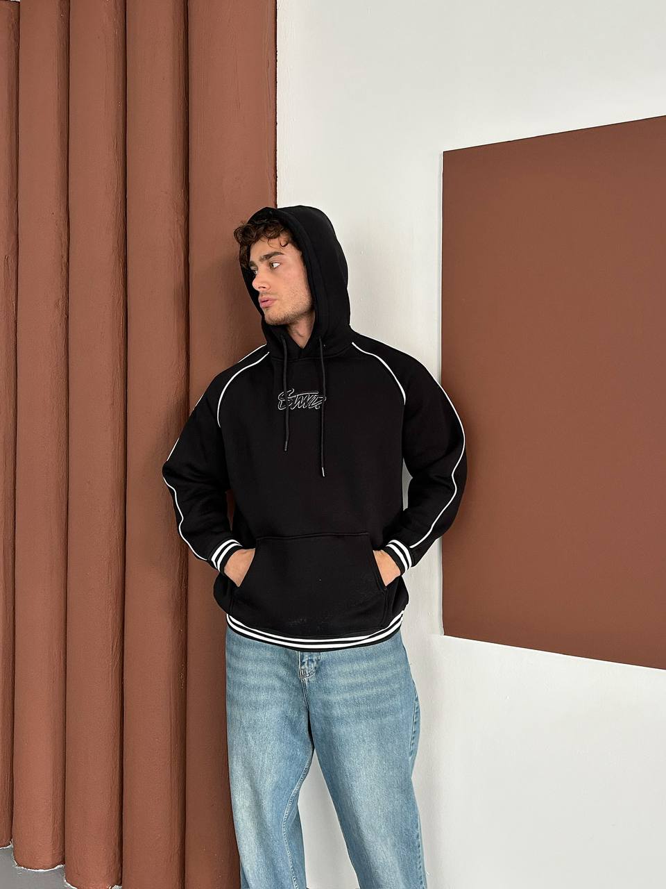 90s Retro Streetwear Hoodie with Piping, Embroidered SWD Logo