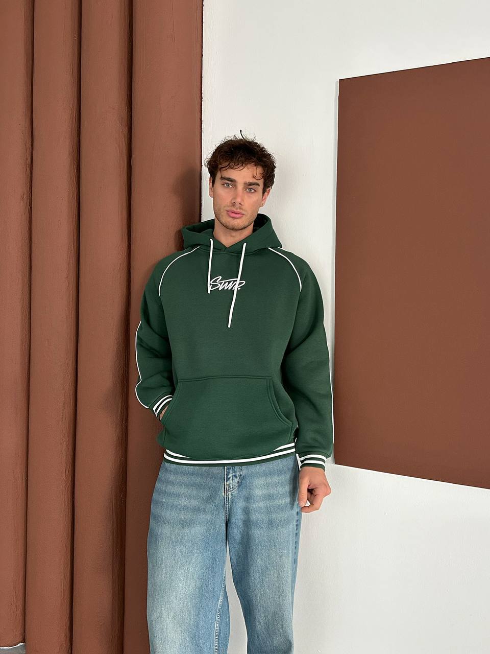 90s Retro Streetwear Hoodie with Piping, Embroidered SWD Logo