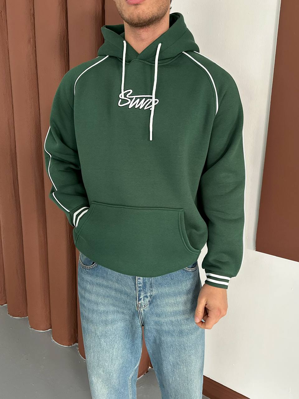 Green retro hoodie with contrast piping and SWD logo – Withinblack Y2K sweatshirt