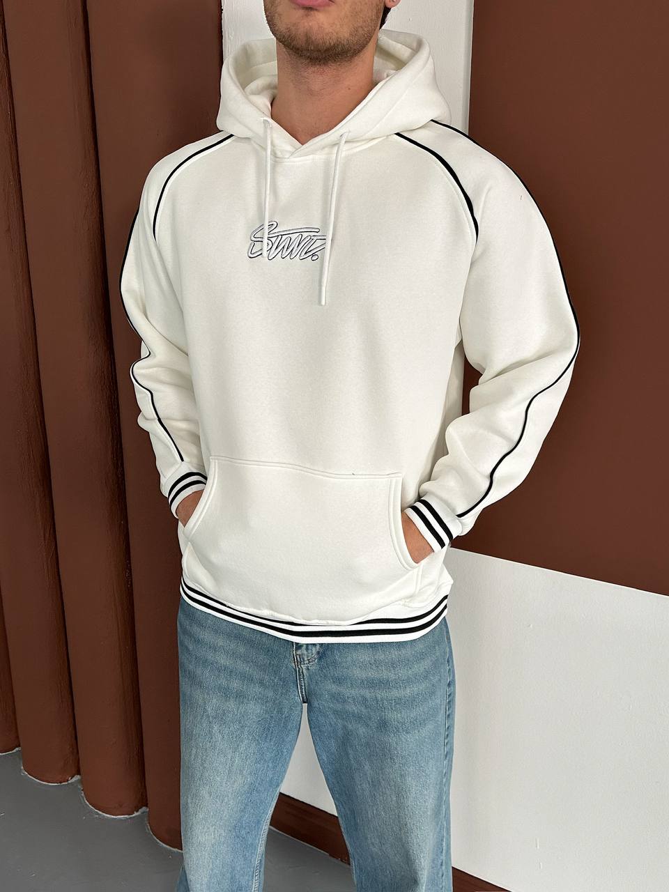 White 90s-inspired hoodie with black piping and SWD embroidery – Withinblack fashion