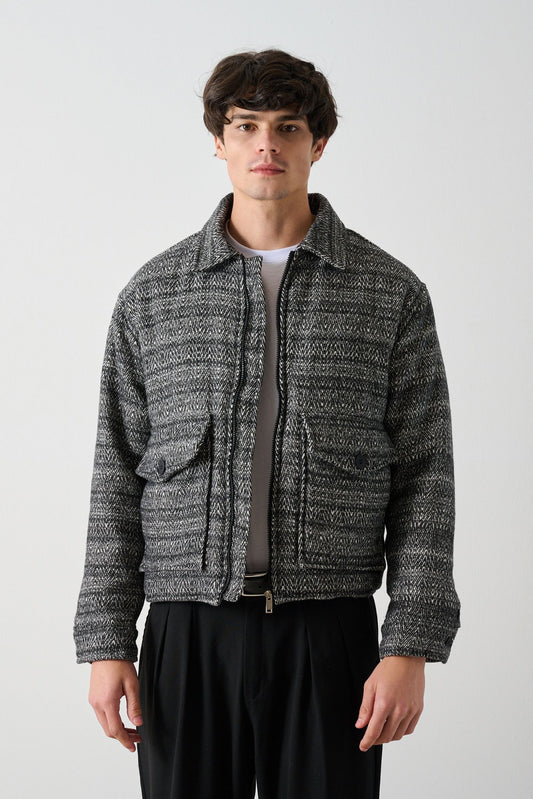 Black-White Patterned Wool-Like Oversized Men’s Jacket