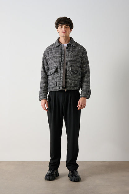 Black-White Patterned Wool-Like Oversized Men’s Jacket