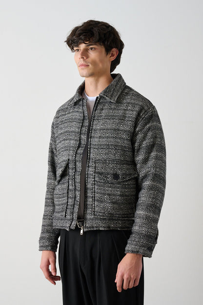 Black-White Patterned Wool-Like Oversized Men’s Jacket