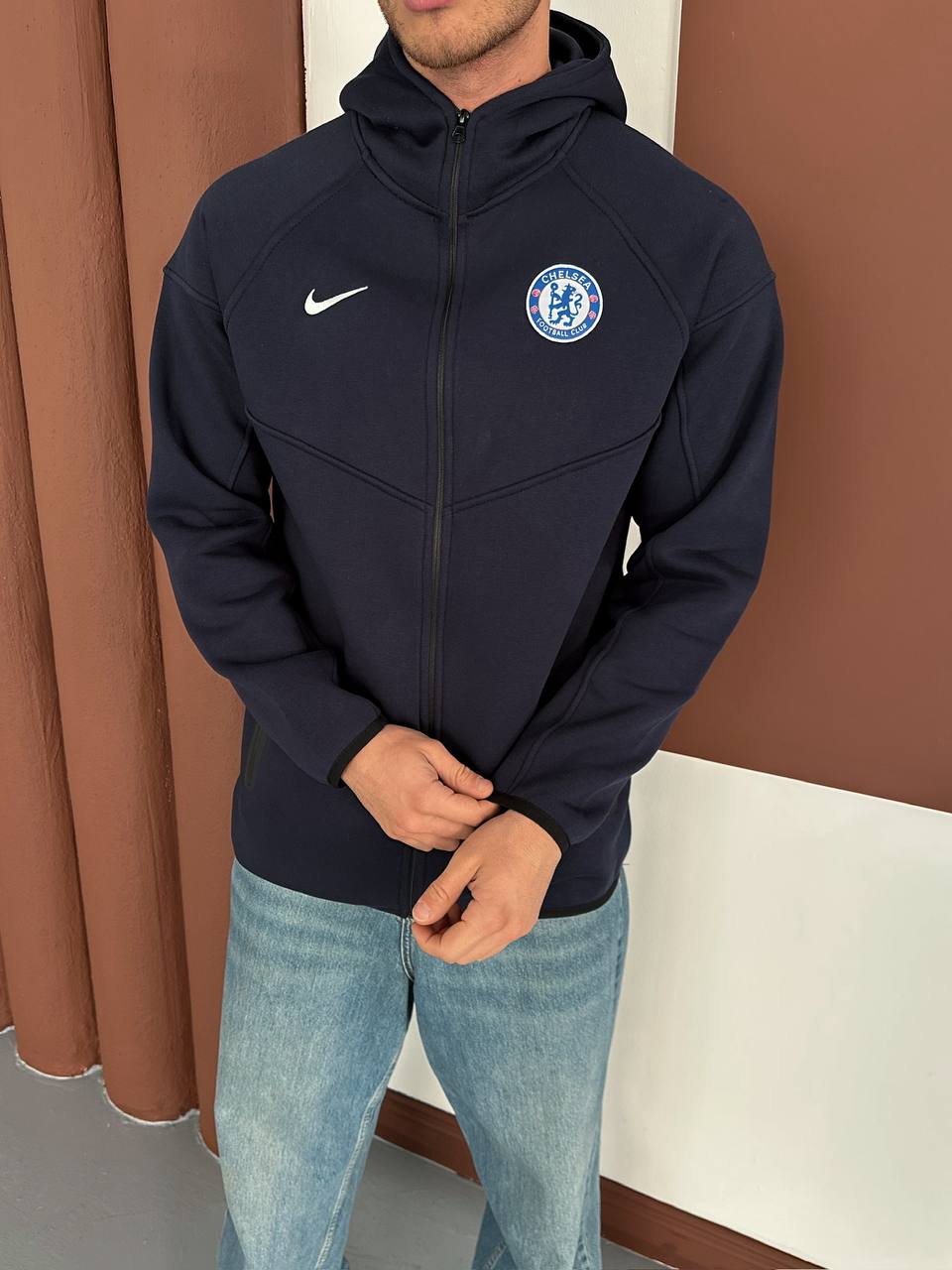 Chelsea FC Tech Style Hoodie, Modern Full-Zip Soccer Sweatshirt