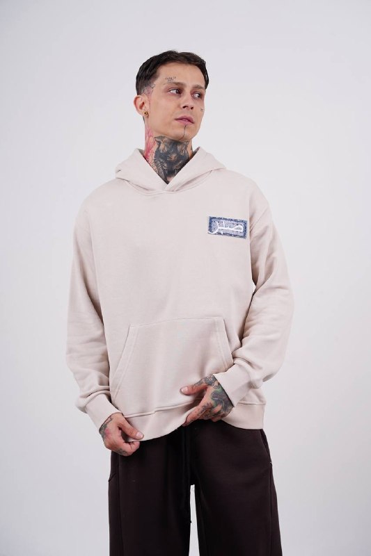 Purple Medallion Tile Art Oversized Hoodie in Cream - front view