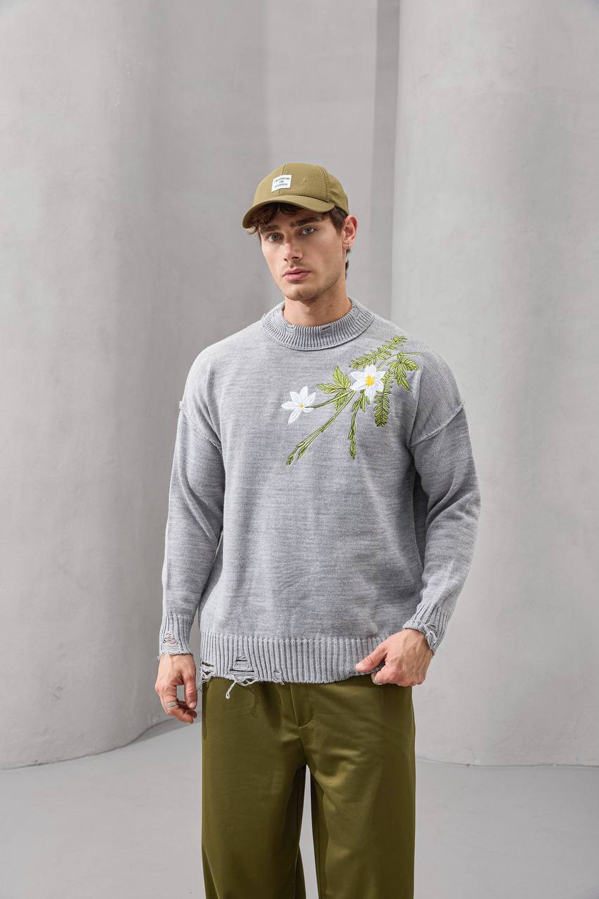 Distressed Floral Knit Sweater