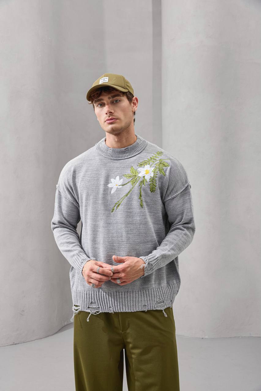 Distressed Floral Knit Sweater