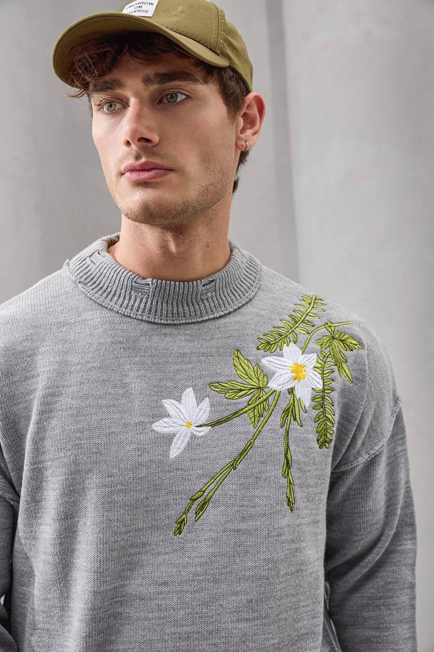 Distressed Floral Knit Sweater