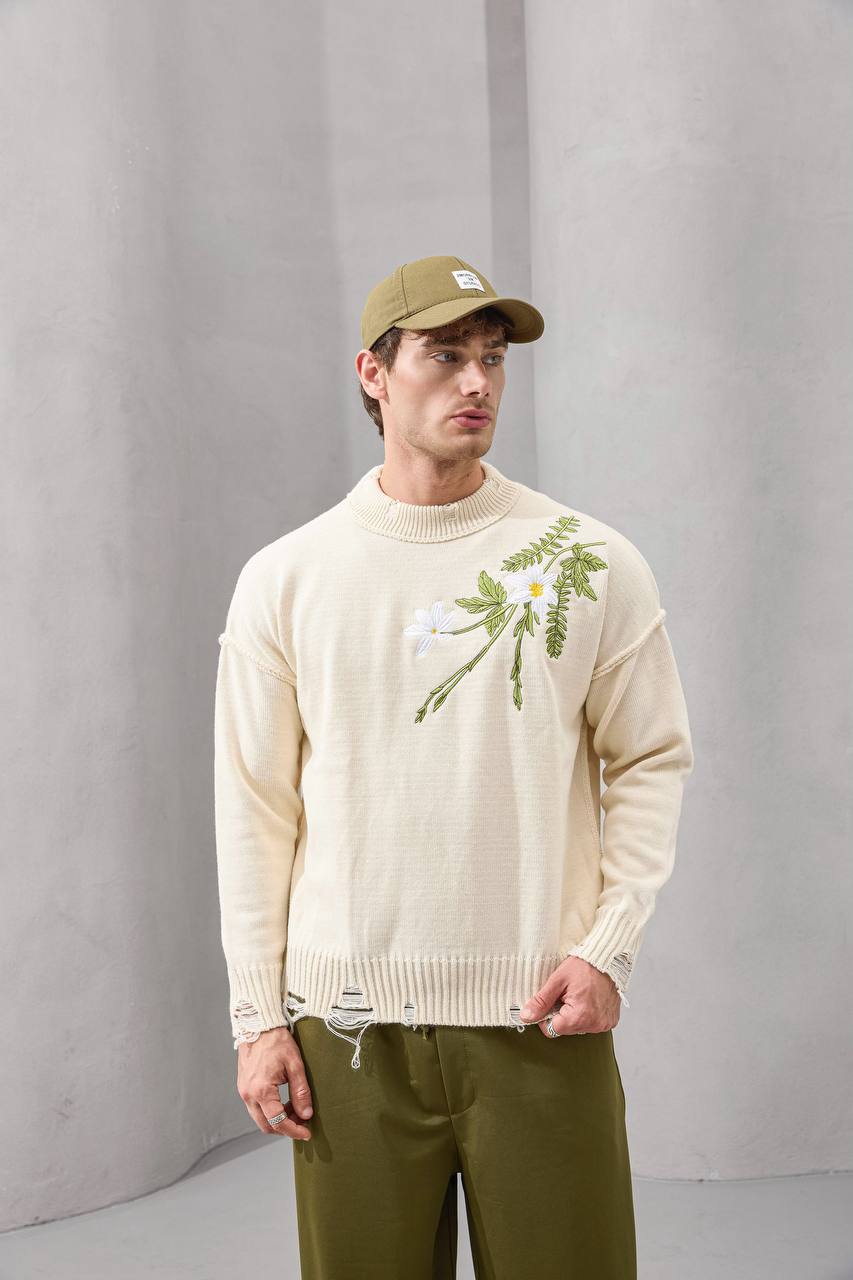 Distressed Floral Knit Sweater