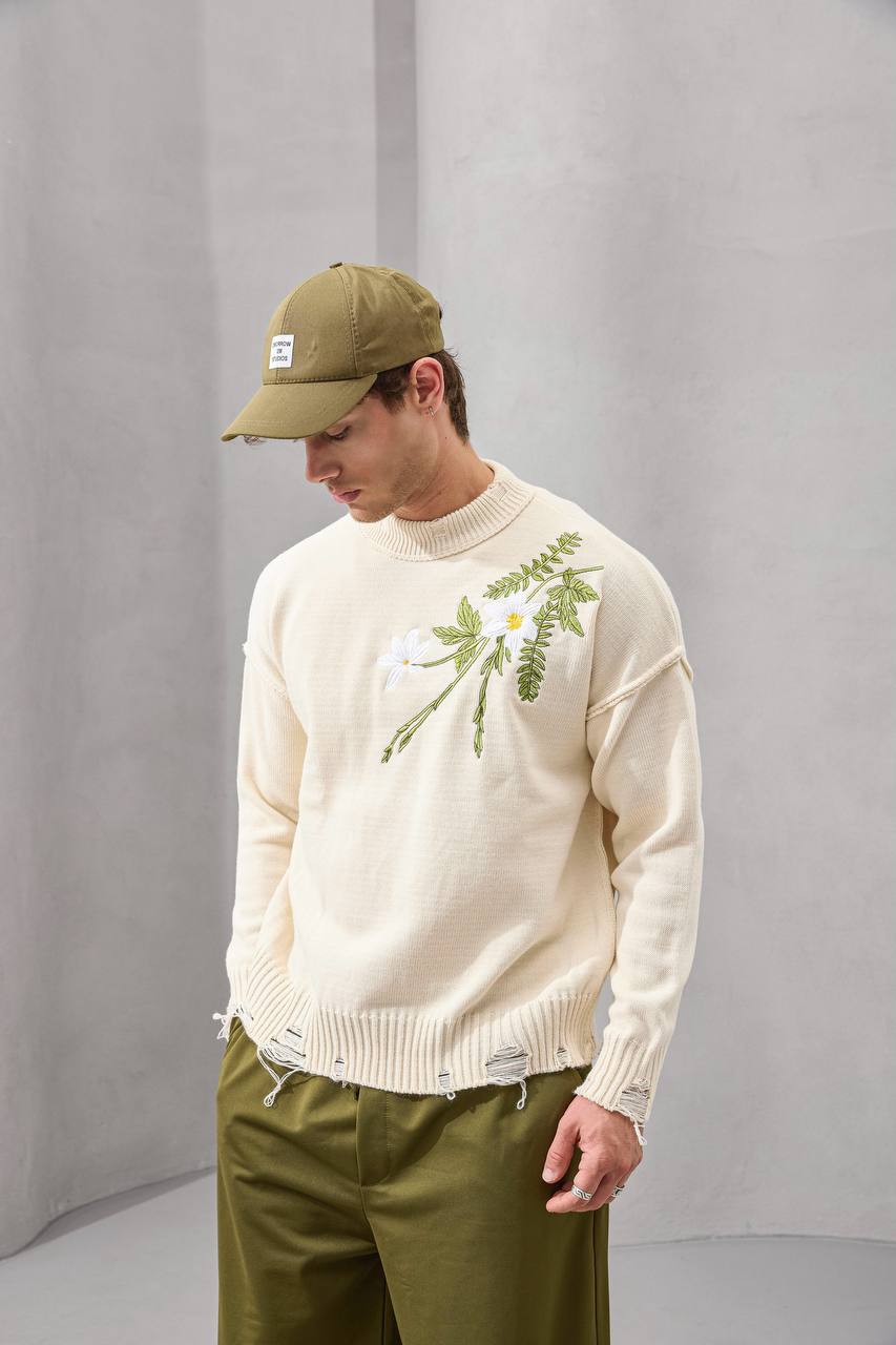 Distressed Floral Knit Sweater