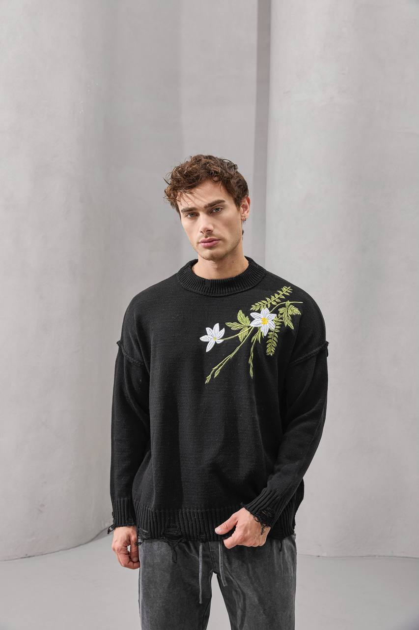 Distressed Floral Knit Sweater