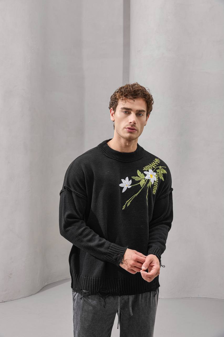 Distressed Floral Knit Sweater