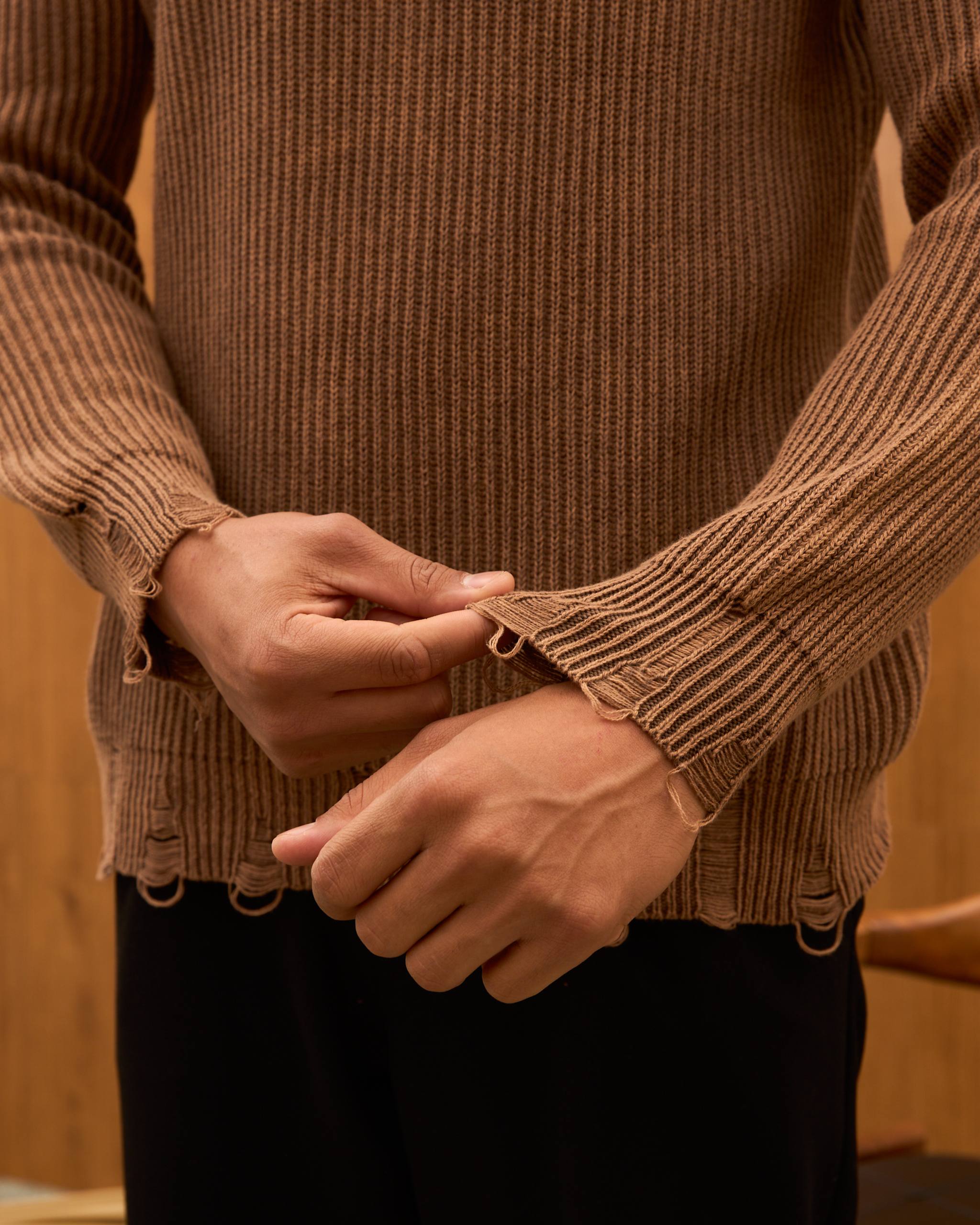 Distressed Ribbed Knit Sweater for Men - Oversize Washed Grunge Crewneck Pullover