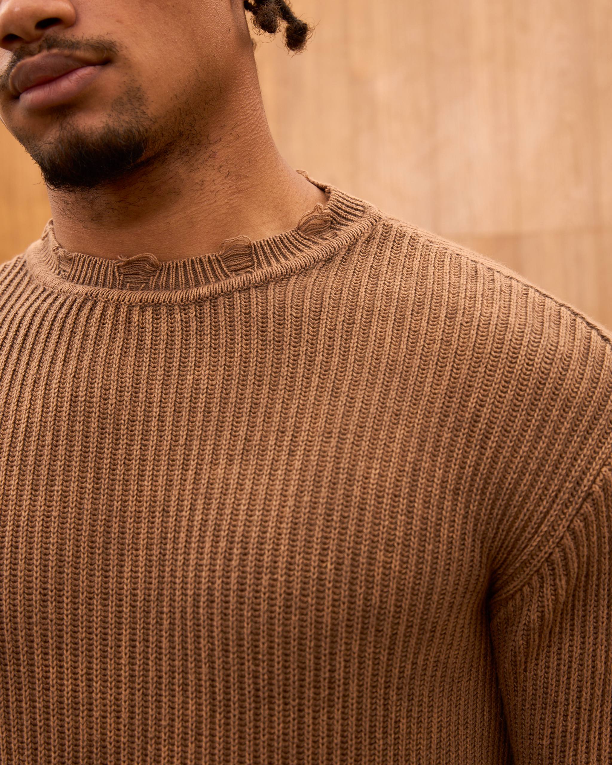 Distressed Ribbed Knit Sweater for Men - Oversize Washed Grunge Crewneck Pullover