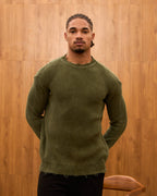 Distressed Ribbed Knit Sweater for Men - Oversize Washed Grunge Crewneck Pullover