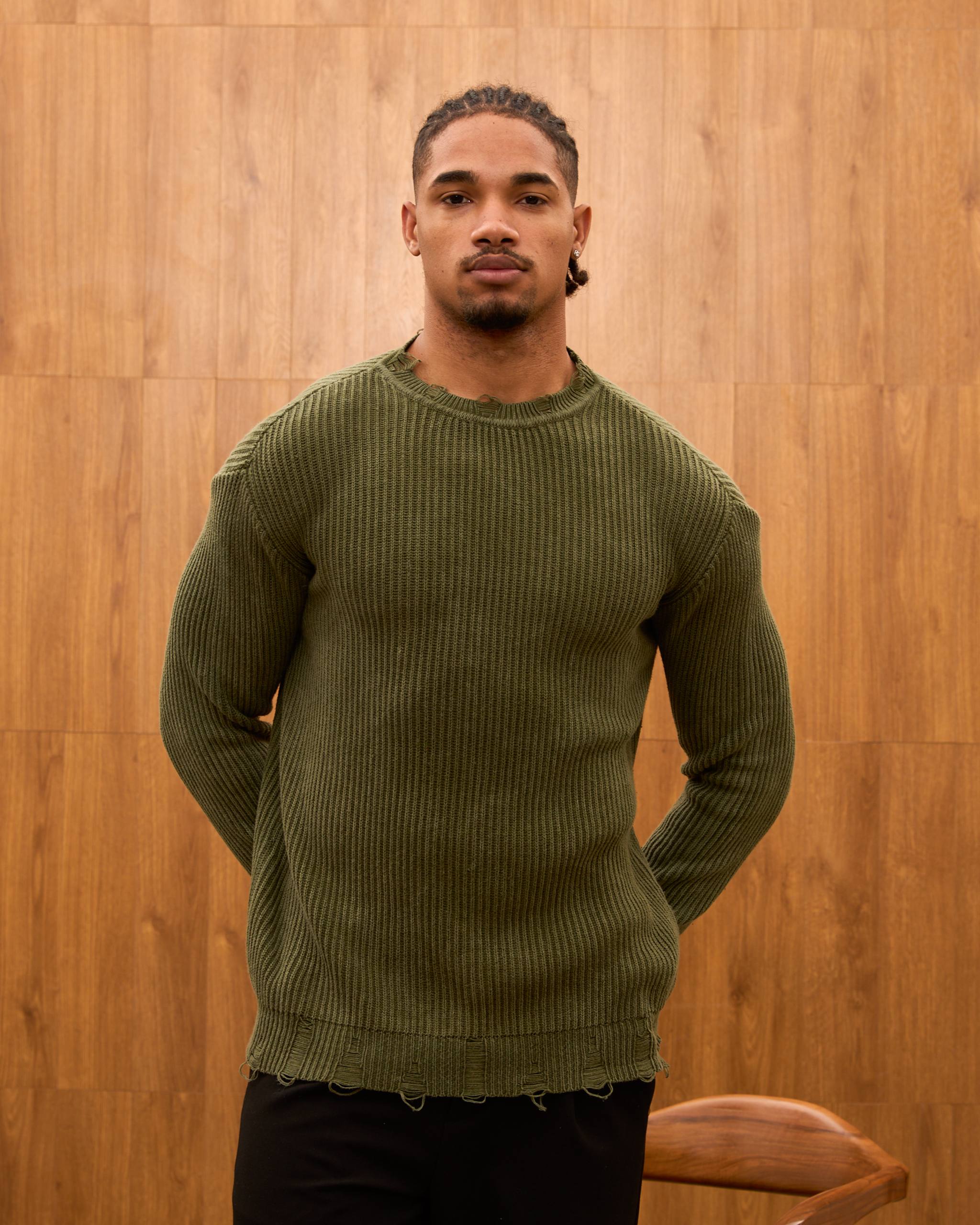 Distressed Ribbed Knit Sweater for Men - Oversize Washed Grunge Crewneck Pullover