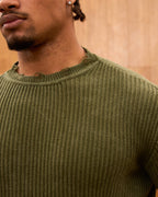 Distressed Ribbed Knit Sweater for Men - Oversize Washed Grunge Crewneck Pullover