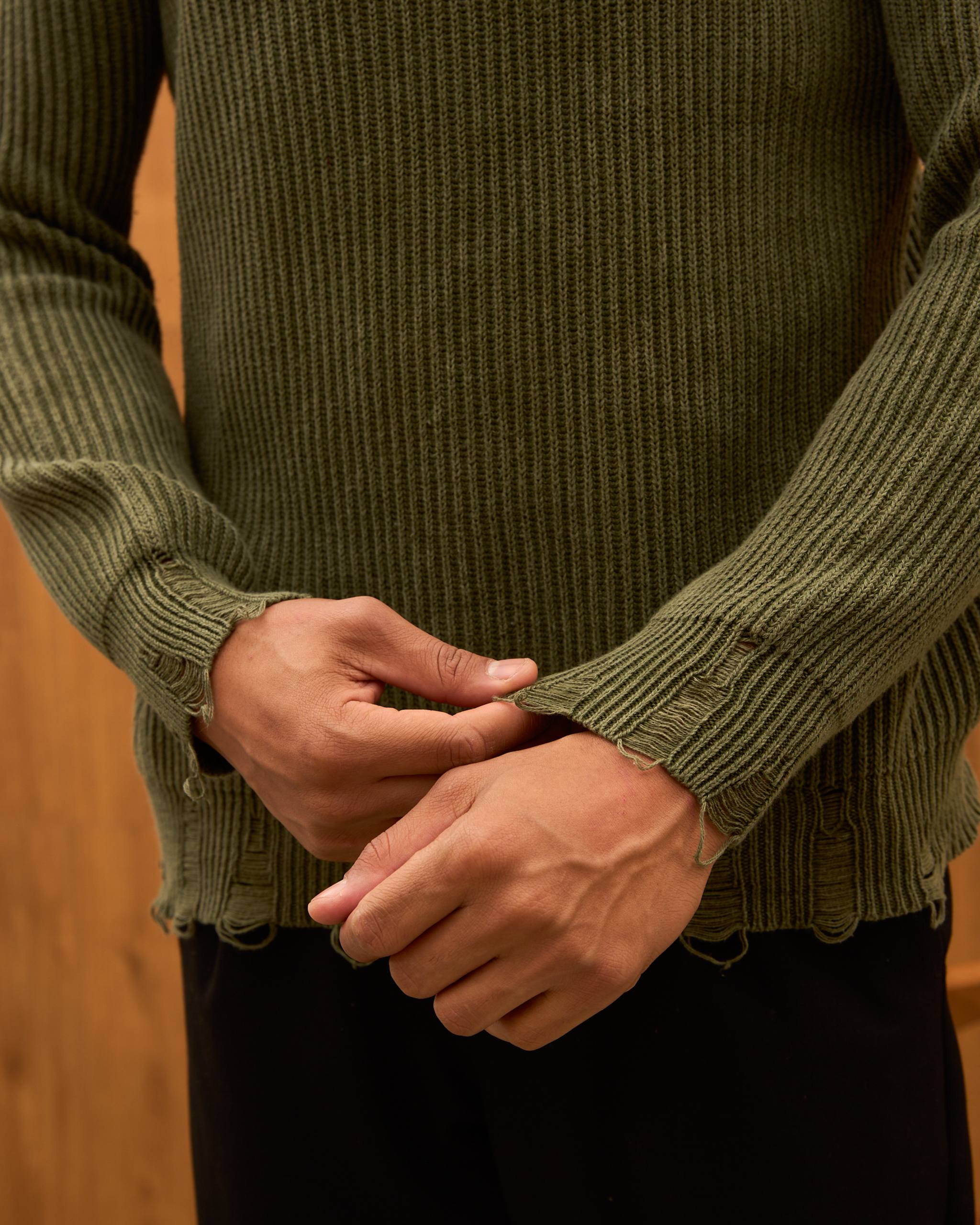 Distressed Ribbed Knit Sweater for Men - Oversize Washed Grunge Crewneck Pullover