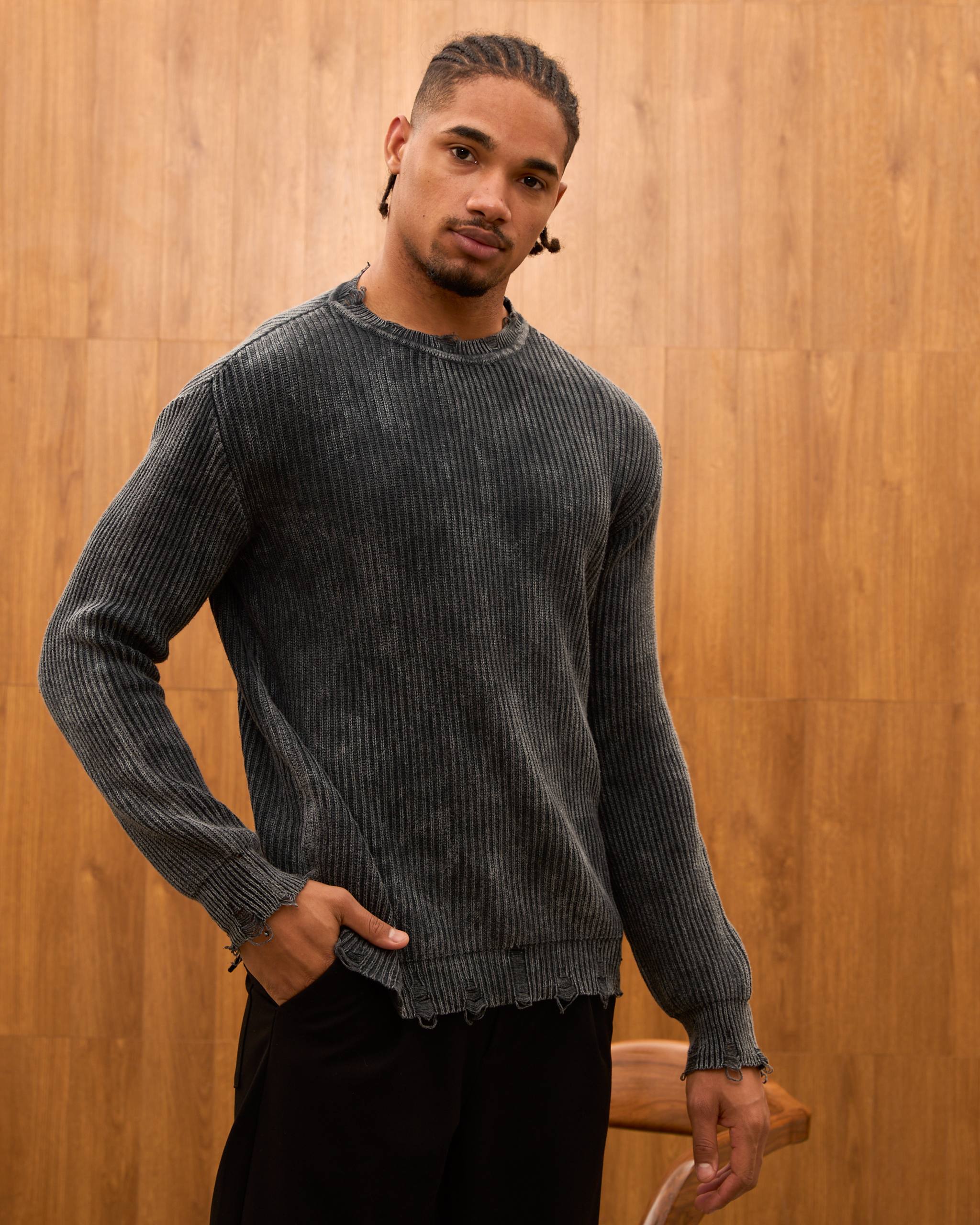 Distressed Ribbed Knit Sweater for Men - Oversize Washed Grunge Crewneck Pullover