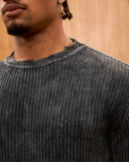 Distressed Ribbed Knit Sweater for Men - Oversize Washed Grunge Crewneck Pullover