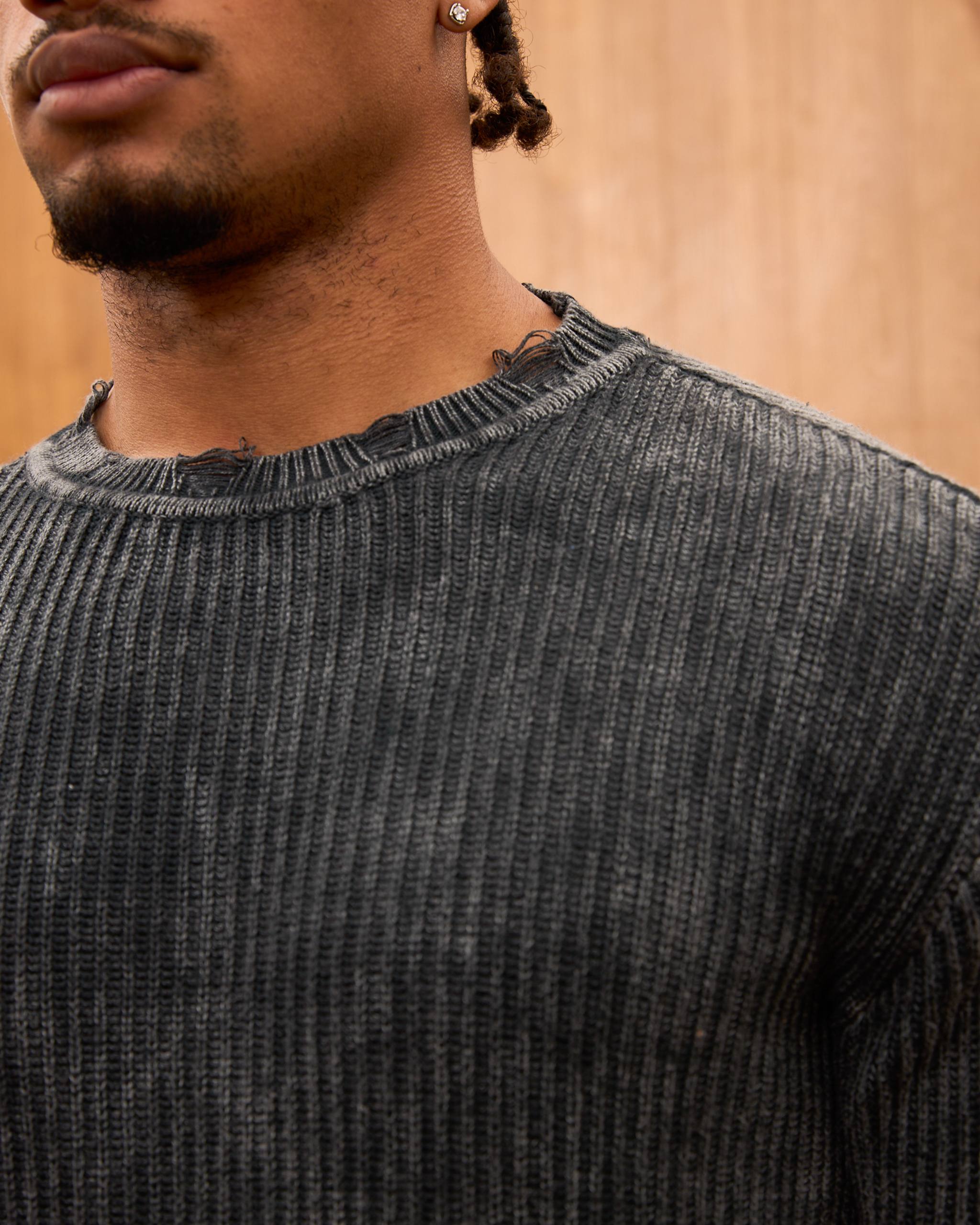 Distressed Ribbed Knit Sweater for Men - Oversize Washed Grunge Crewneck Pullover