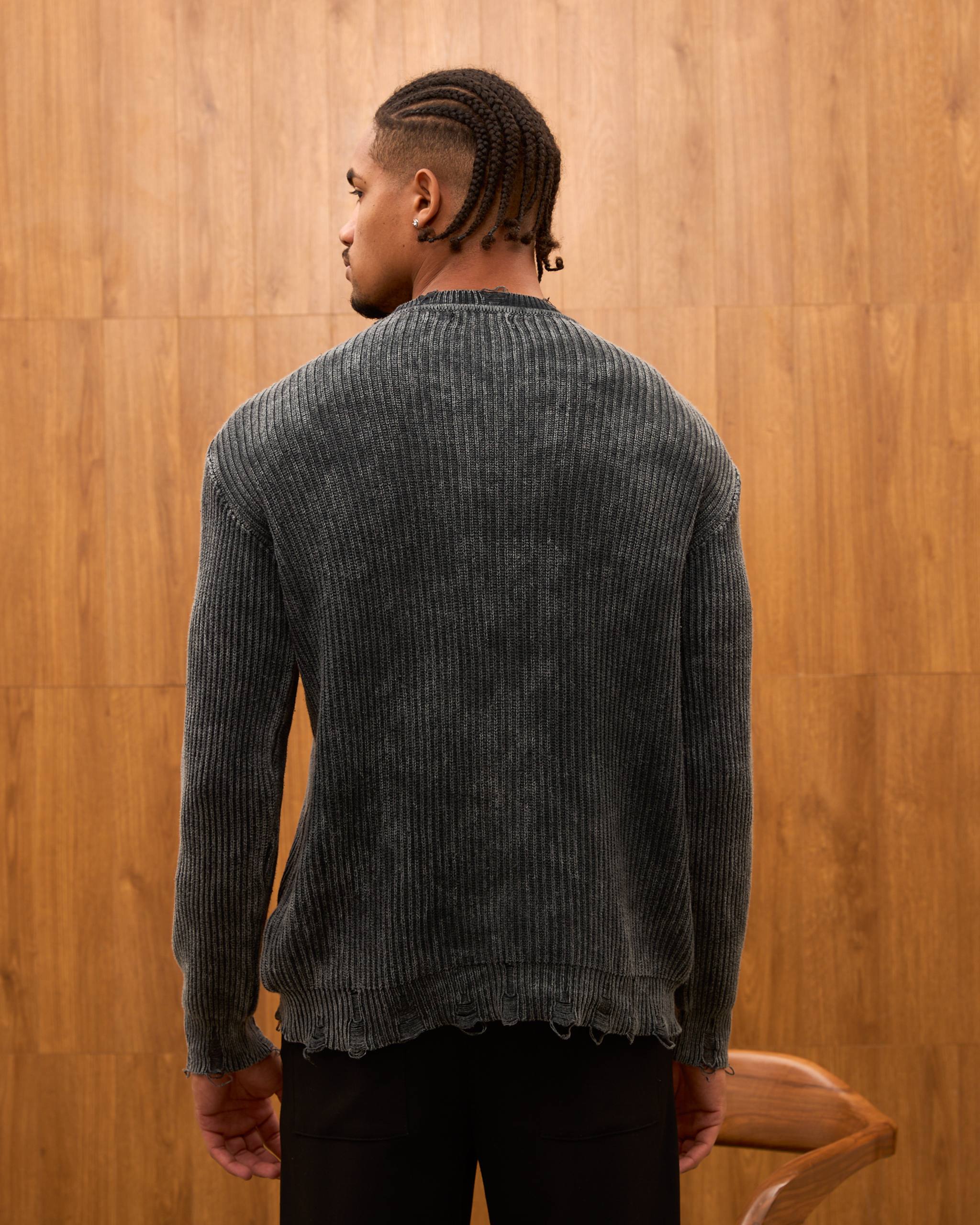 Distressed Ribbed Knit Sweater for Men - Oversize Washed Grunge Crewneck Pullover