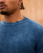 Distressed Ribbed Knit Sweater for Men - Oversize Washed Grunge Crewneck Pullover