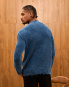 Distressed Ribbed Knit Sweater for Men - Oversize Washed Grunge Crewneck Pullover