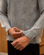 Distressed Ribbed Knit Sweater for Men - Oversize Washed Grunge Crewneck Pullover