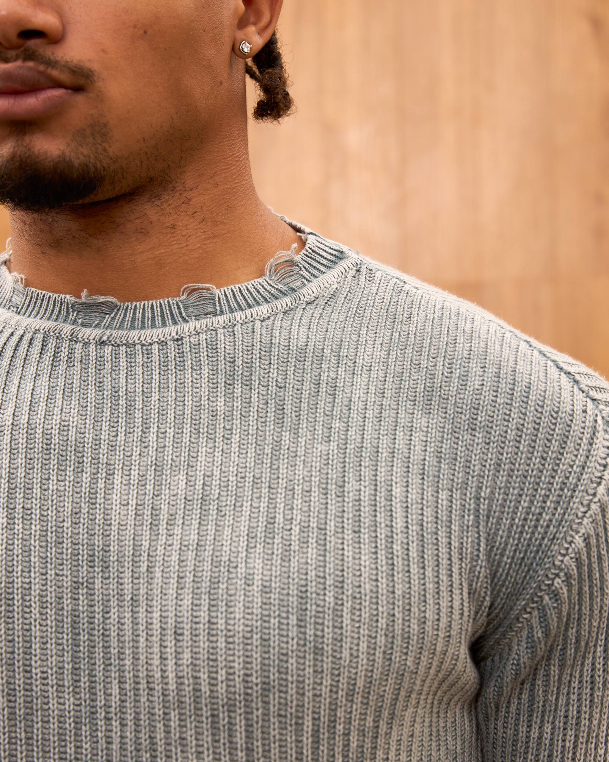 Distressed Ribbed Knit Sweater for Men - Oversize Washed Grunge Crewneck Pullover