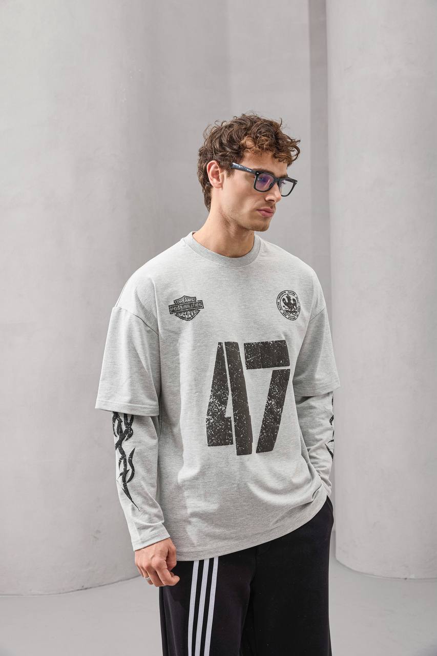 Double-Layer "47" Graphic Long Sleeve Tee