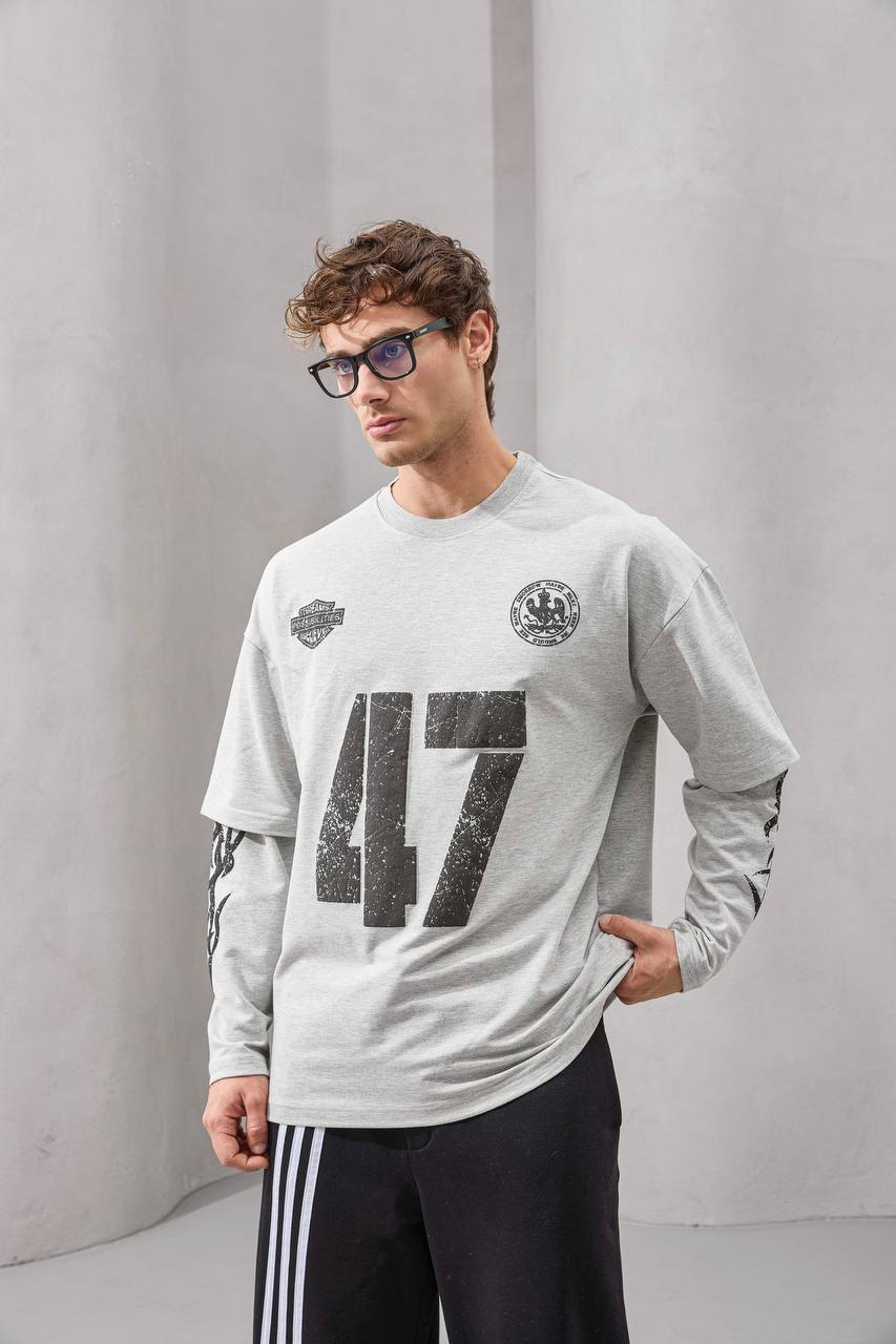 Double-Layer "47" Graphic Long Sleeve Tee