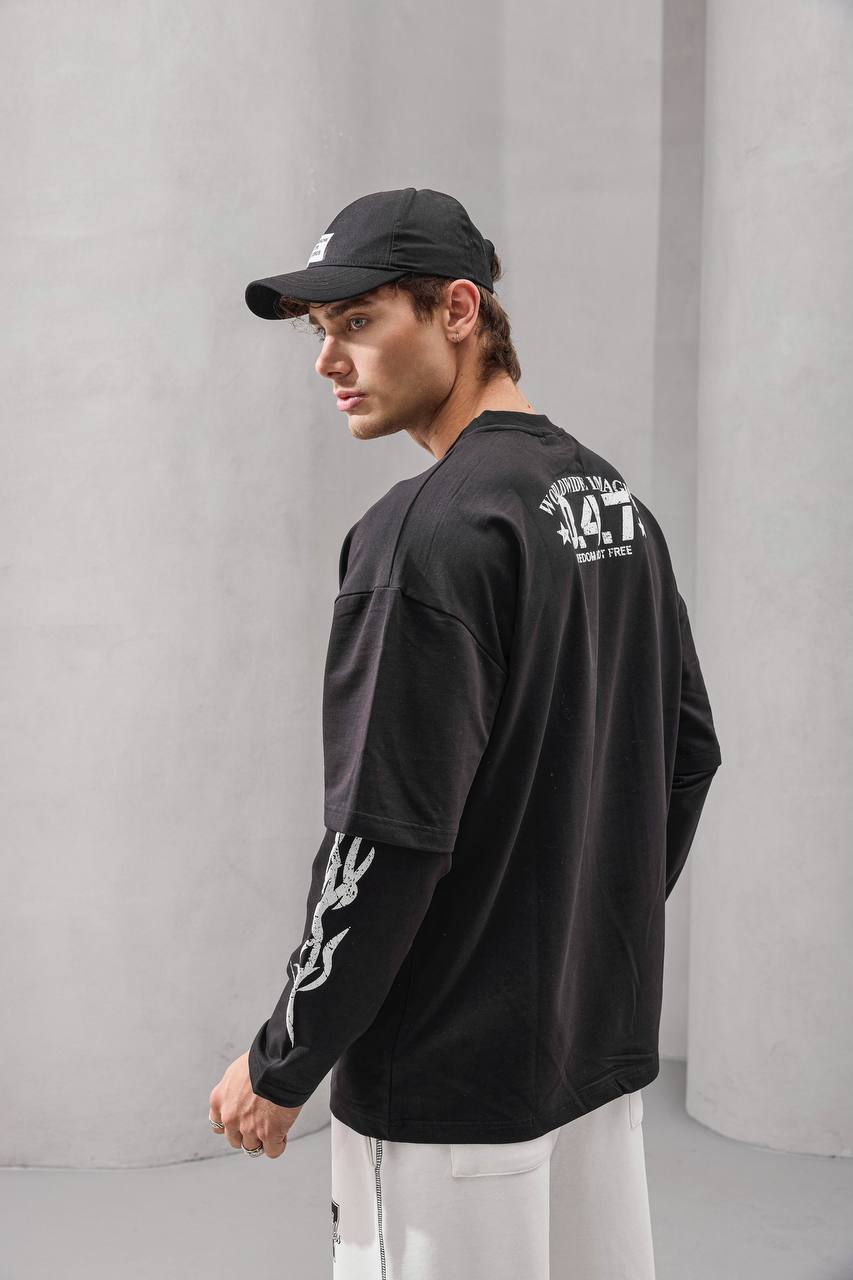 Double-Layer "47" Graphic Long Sleeve Tee