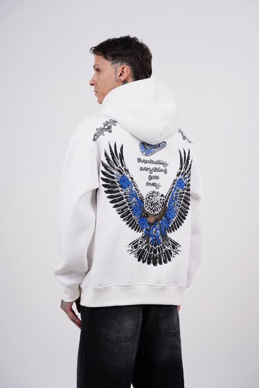 Blue Eagle Wings Graphic Oversized Hoodie in Cream - back view