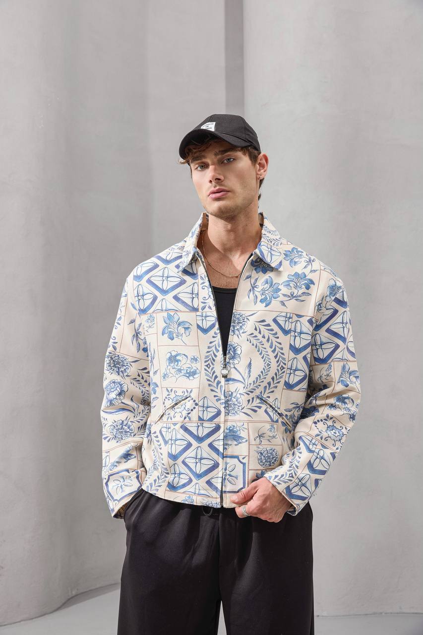 Heritage Tiles zip-up jacket in dark blue tile pattern – Withinblack unisex outerwear