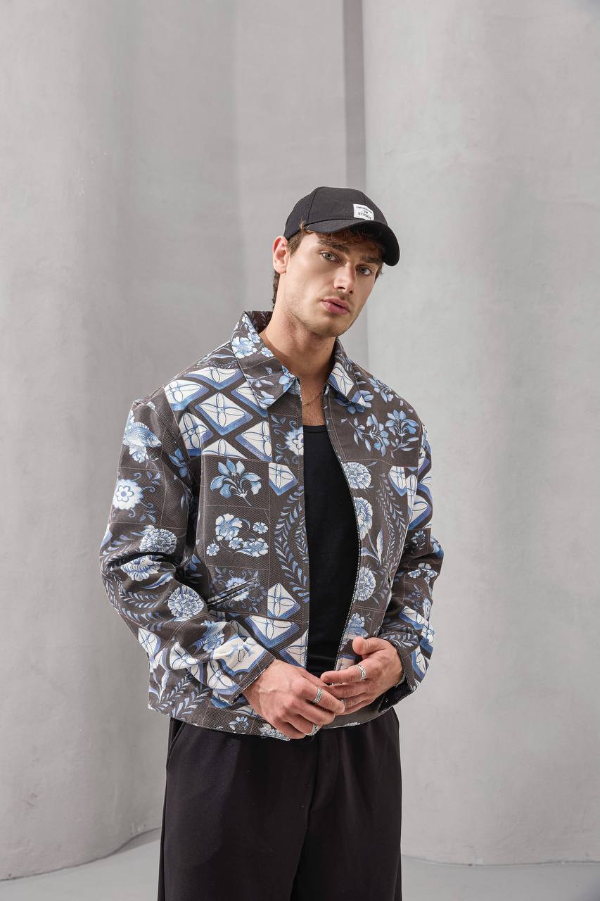 Heritage Tiles zip-up jacket in cream and blue tile pattern – Withinblack streetwear