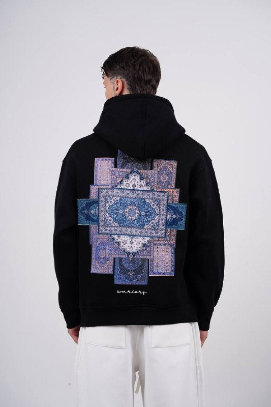 Purple Medallion Tile Art Oversized Hoodie in Black - back view