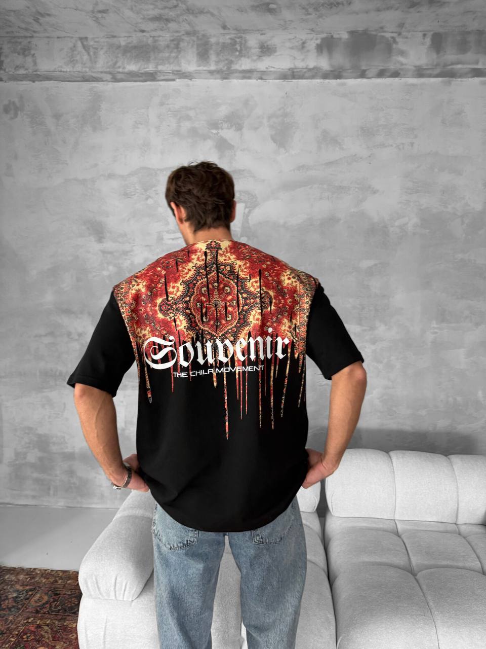 Men's Back Print Cotton T-Shirt / Souven Tapestry Graphic Tee