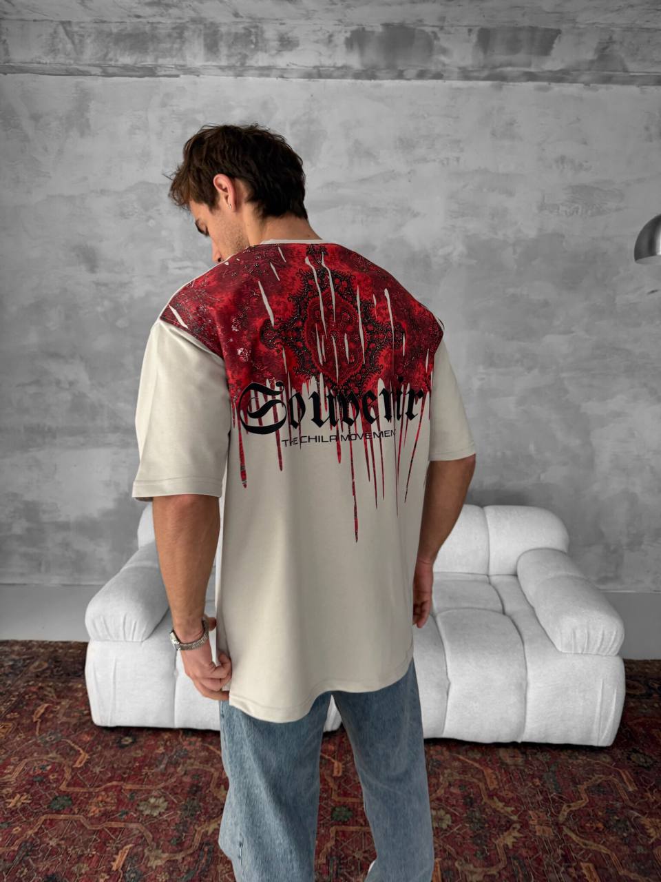 Men's Back Print Cotton T-Shirt / Souven Tapestry Graphic Tee